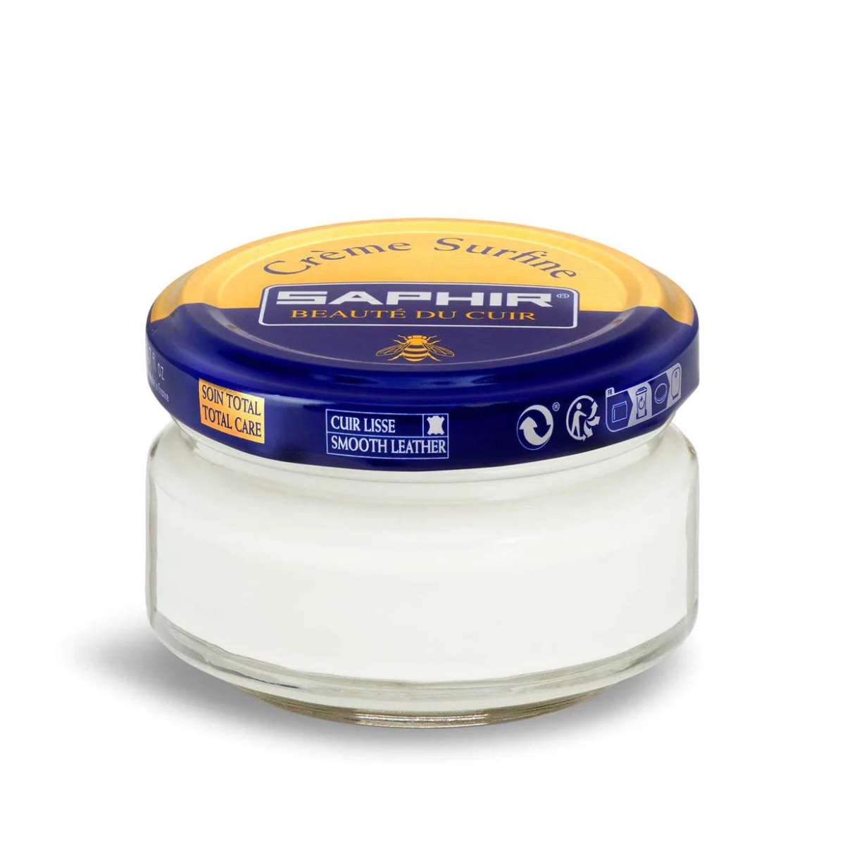 A jar of Saphir Creme Surfine shoe polish with a label on the lid.