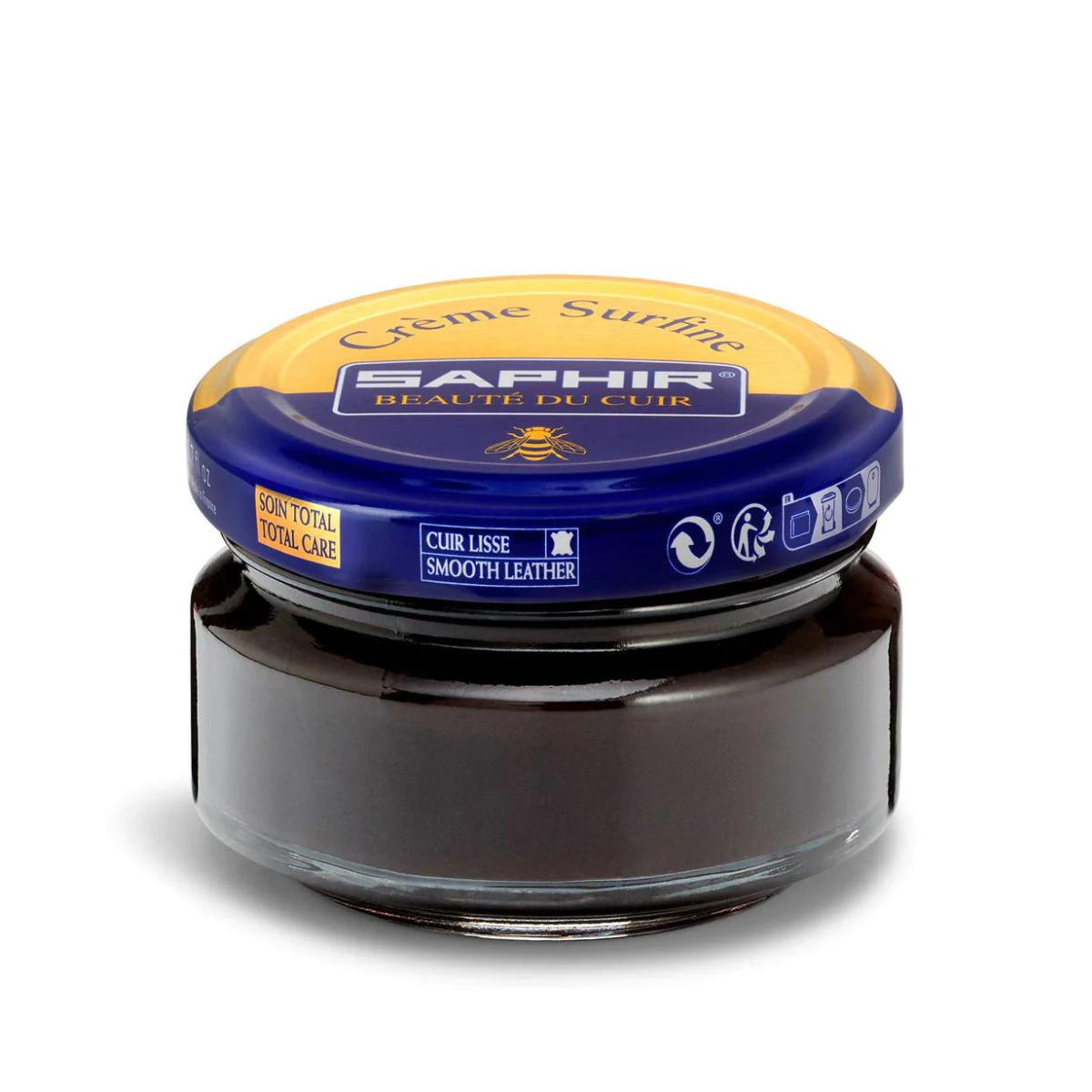 A jar of Saphir Creme Surfine shoe polish with a label on the lid.