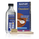 A product image featuring a bottle of Saphir Omnidaim Suede Multicleaner, a suede brush, and packaging box.