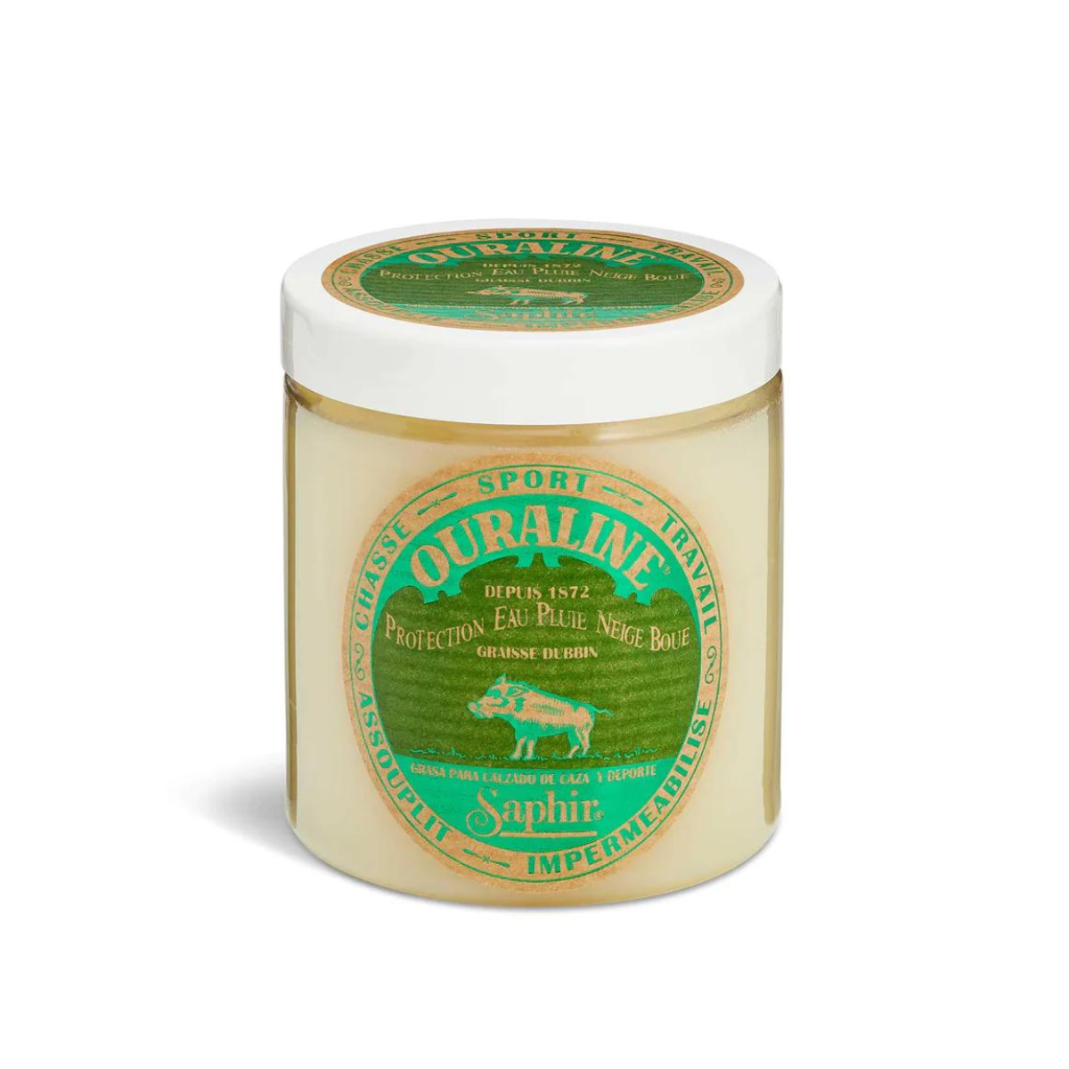 A round jar container with a lid, labeled 'Saphir Ouraline' which is special grease for leather goods.