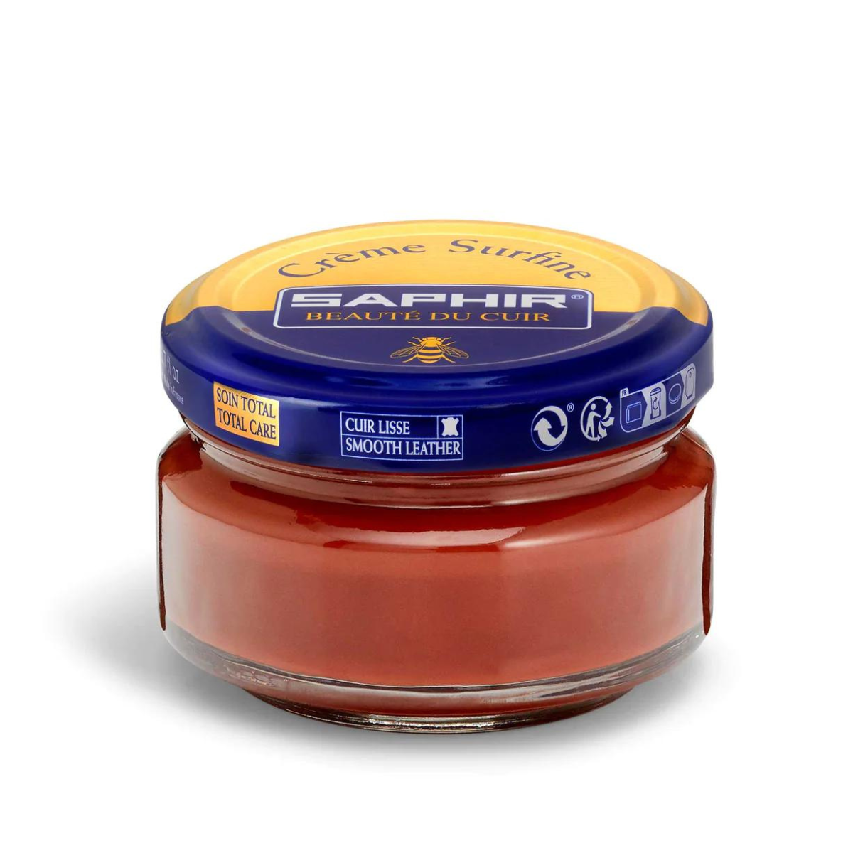 A jar of Saphir Creme Surfine shoe polish with a label on the lid.