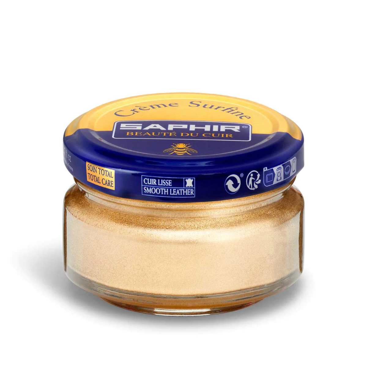 A jar of Saphir Creme Surfine shoe polish with a label on the lid.
