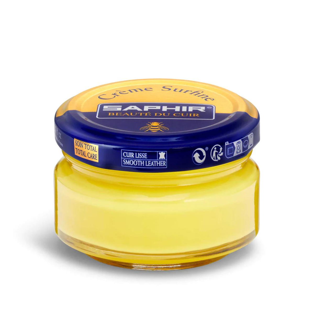 A jar of Saphir Creme Surfine shoe polish with a label on the lid.
