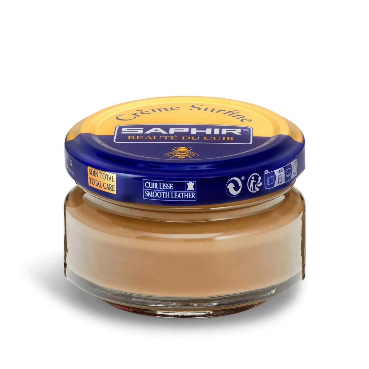 A jar of Saphir Creme Surfine shoe polish with a label on the lid.