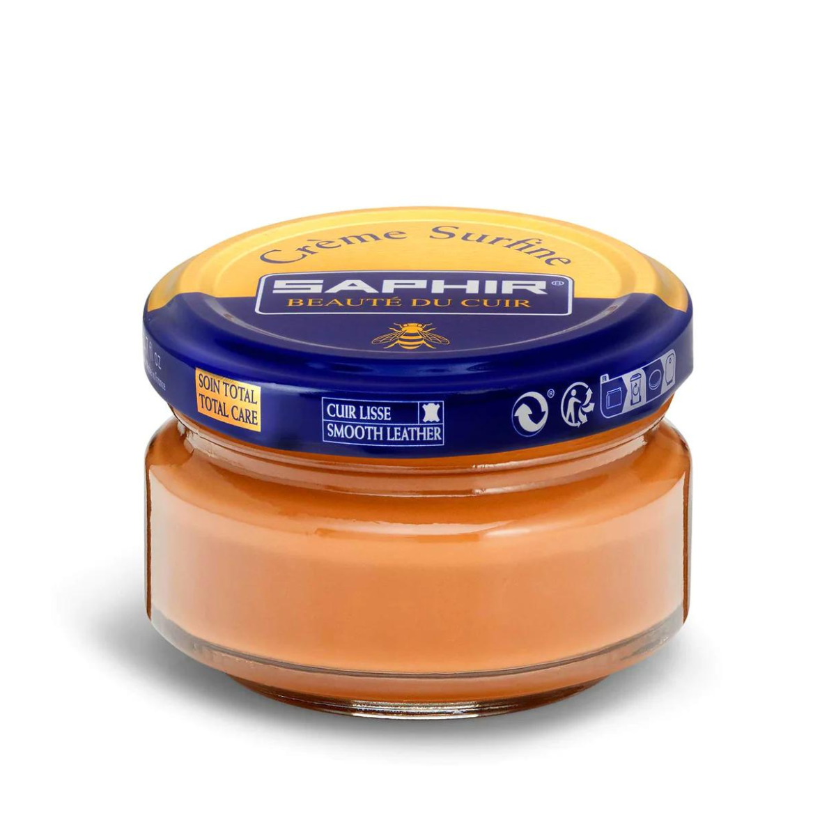 A jar of Saphir Creme Surfine shoe polish with a label on the lid.