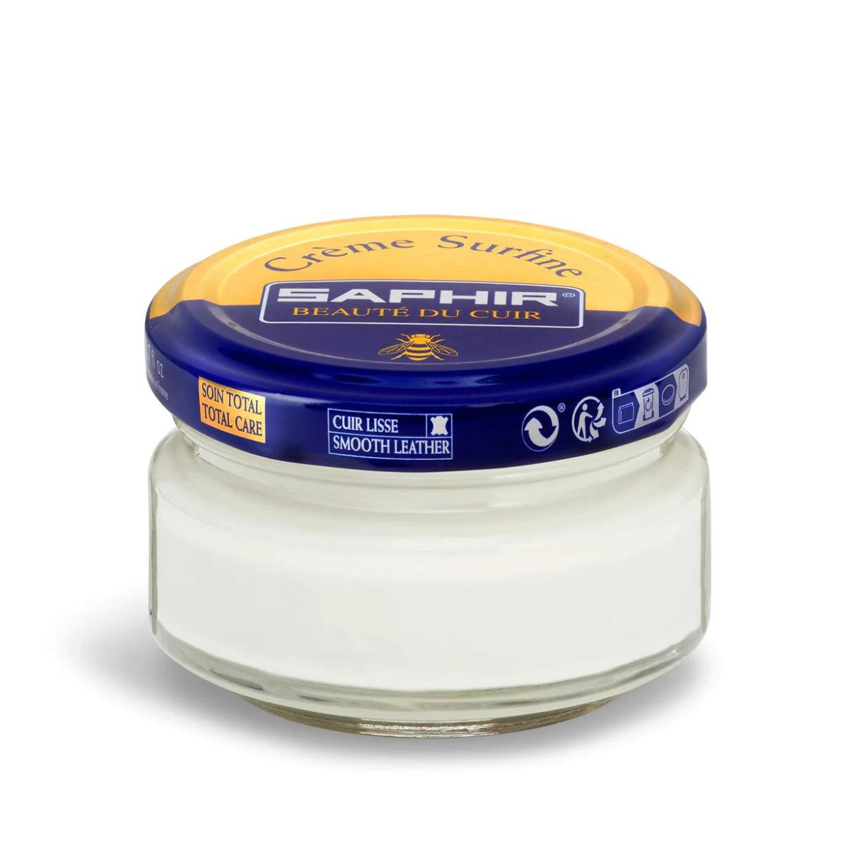A jar of Saphir Creme Surfine shoe polish with a label on the lid.