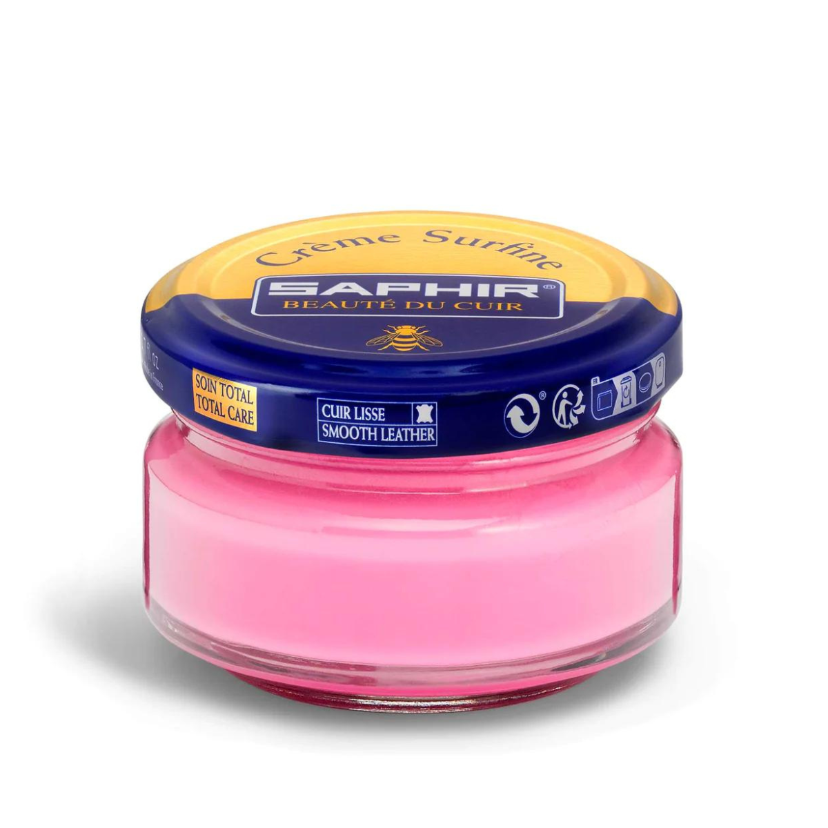 A jar of Saphir Creme Surfine shoe polish with a label on the lid.