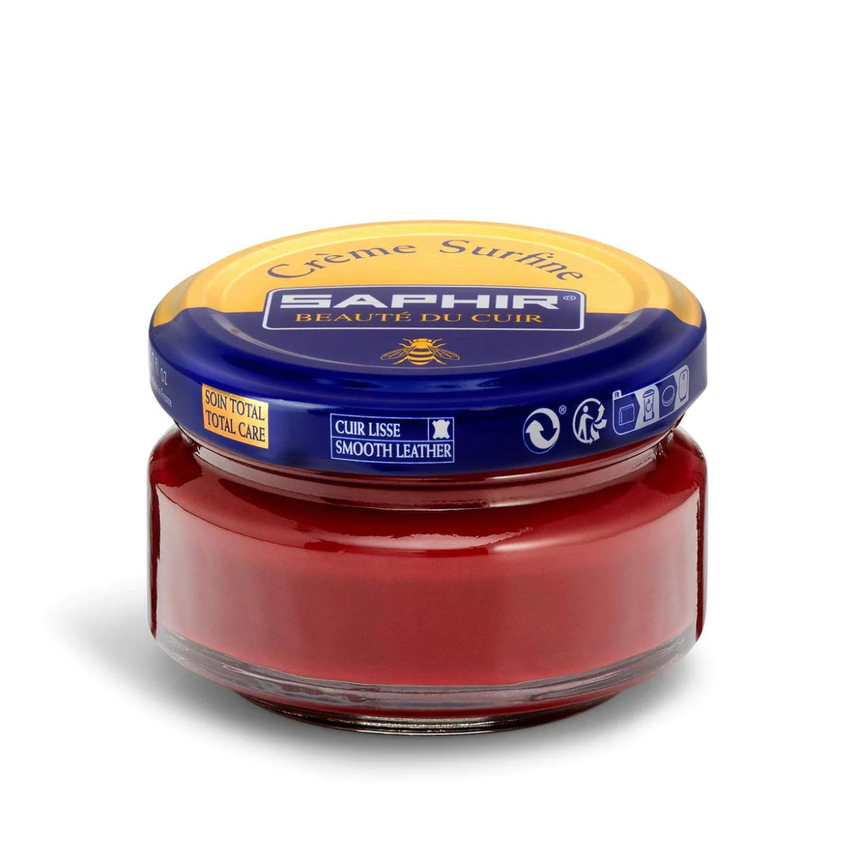 A jar of Saphir Creme Surfine shoe polish with a label on the lid.