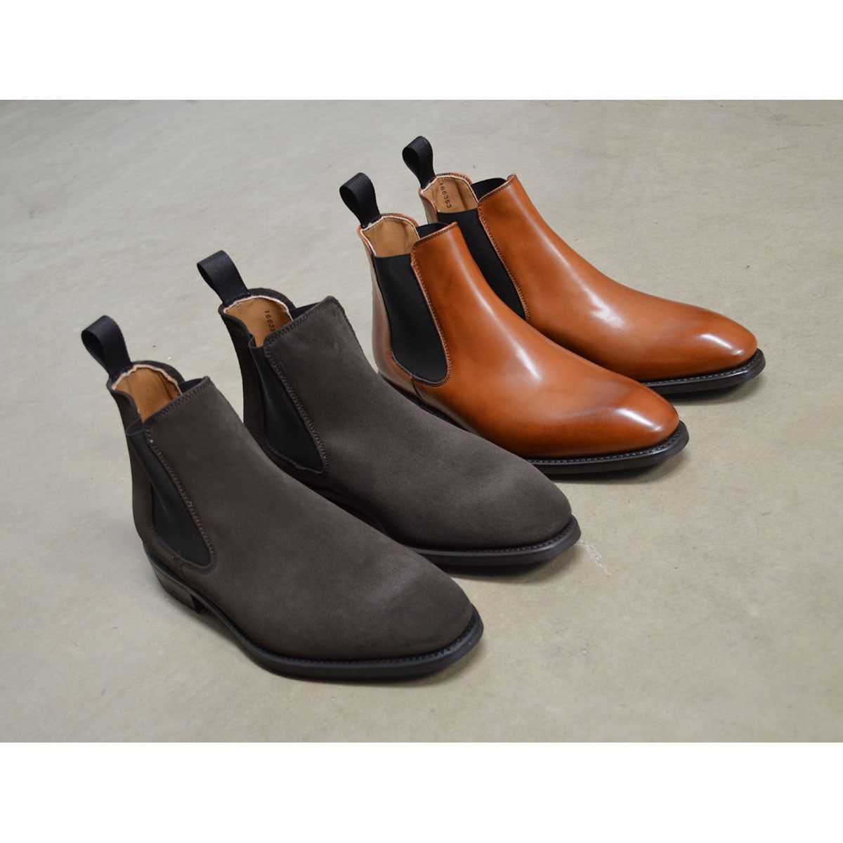 A Berwick 1707 dark brown suede &tan leather Chelsea boot with a black elastic panel and a low heel & Dainite soles