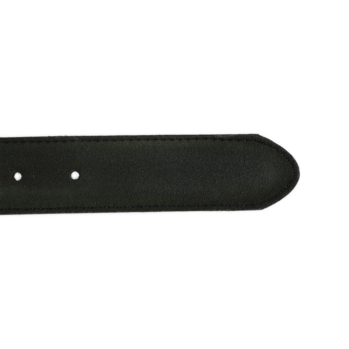 A green suede leather belt with a silver chrome buckle, displayed on a white background.