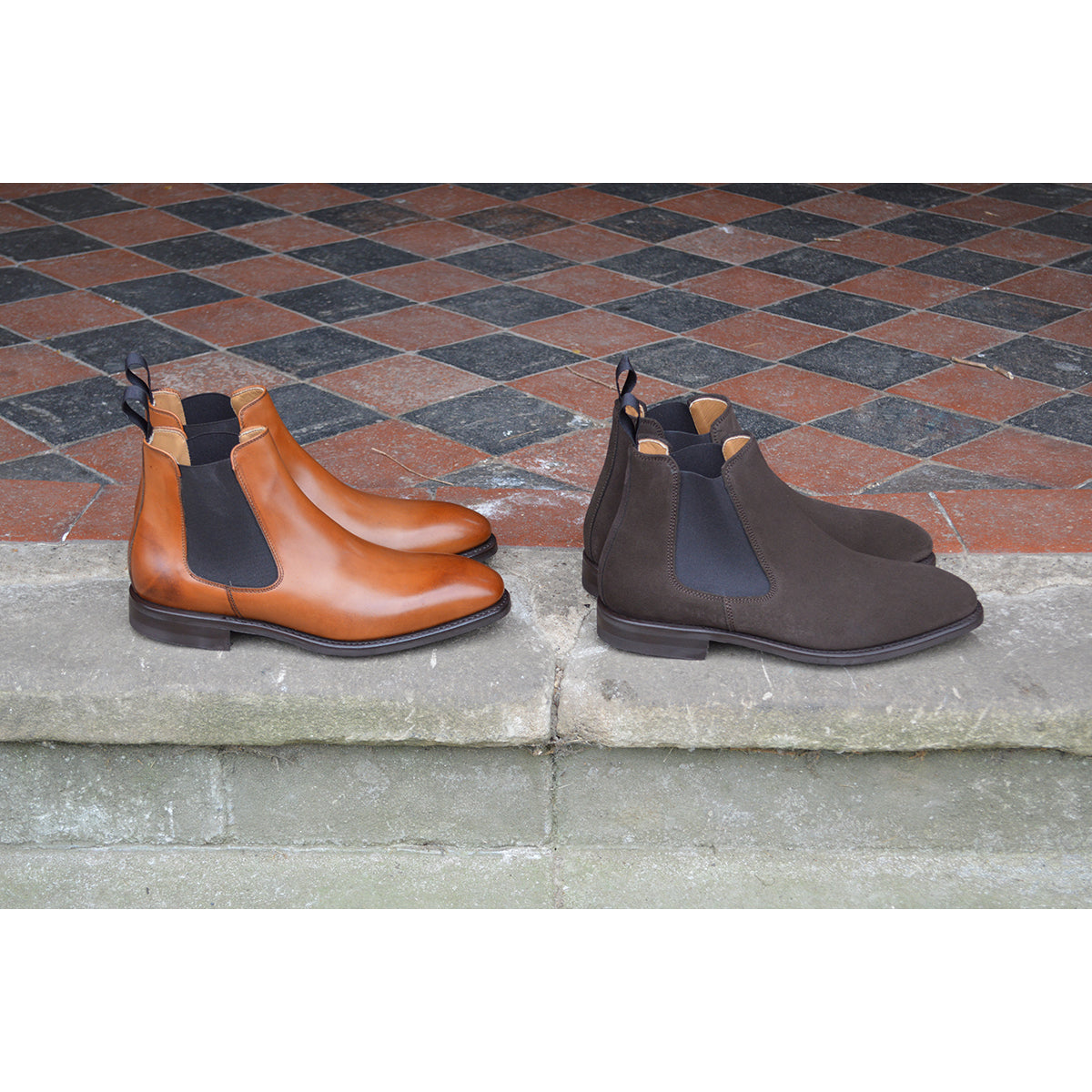 A Berwick 1707 dark brown suede & tan leather Chelsea boots with a black elastic panel and a low heel & Dainite soles