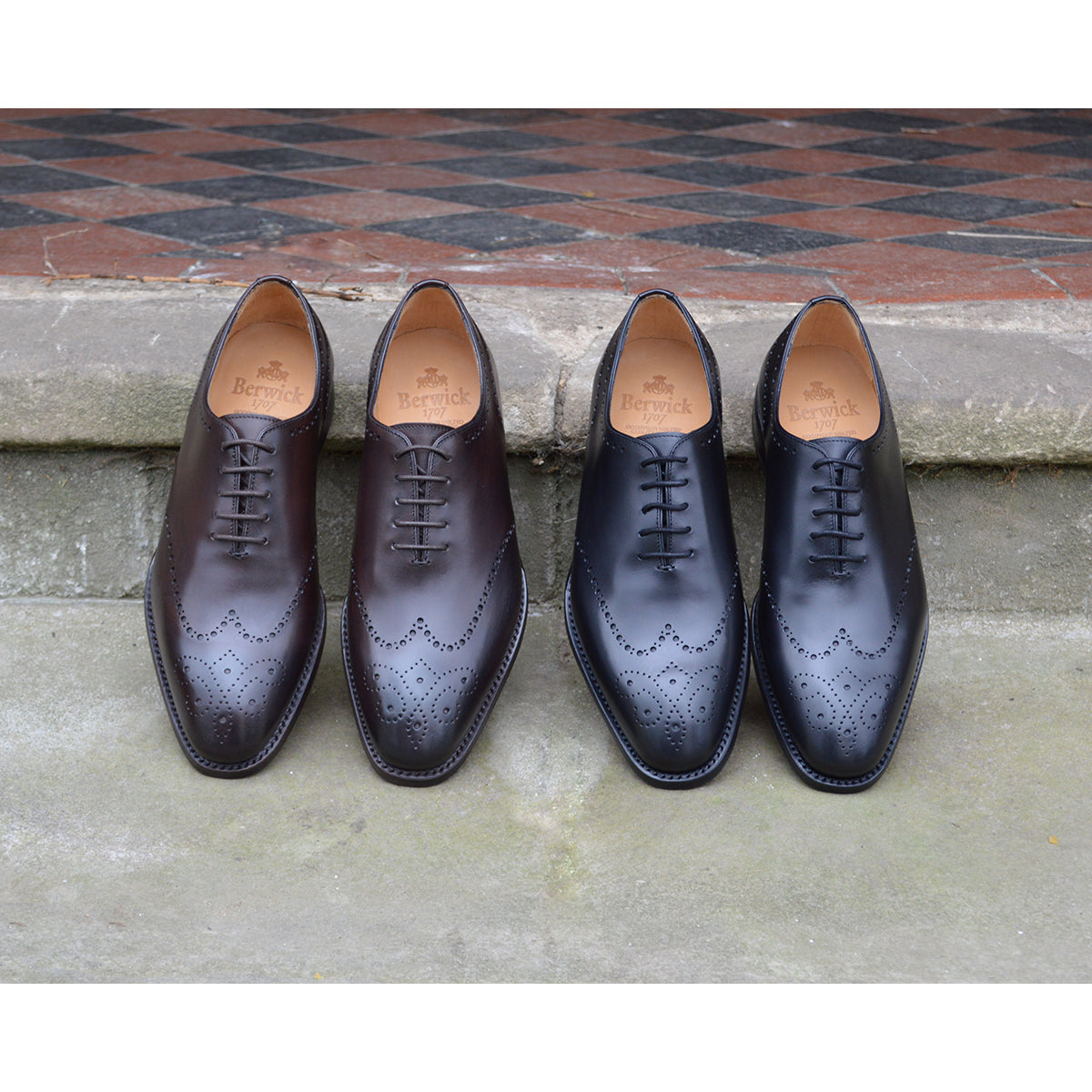 A Berwick 1707 moka brown wholecut Oxford brogue shoes with a goodyear welted leather sole, last week, and a smooth finish.