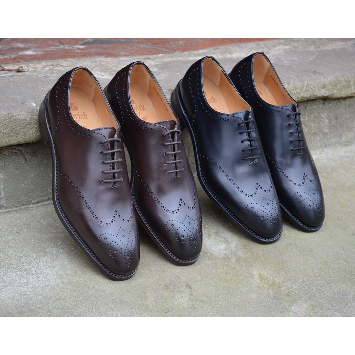 A Berwick 1707 moka brown wholecut Oxford brogue shoes with a goodyear welted leather sole, last week, and a smooth finish.