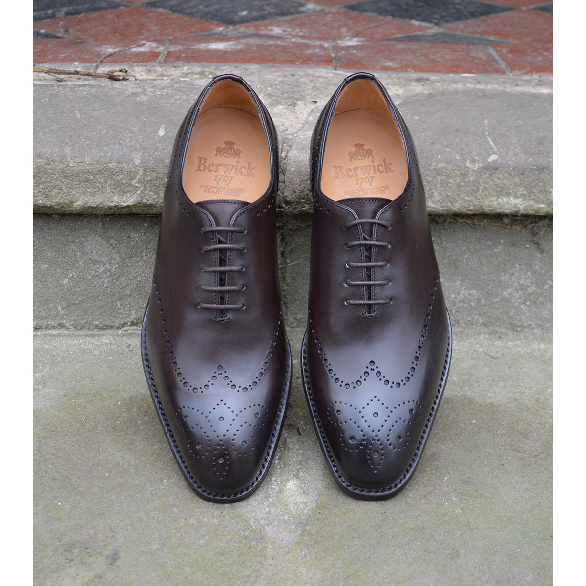 A Berwick 1707 moka brown wholecut Oxford brogue shoes with a goodyear welted leather sole, last week, and a smooth finish.