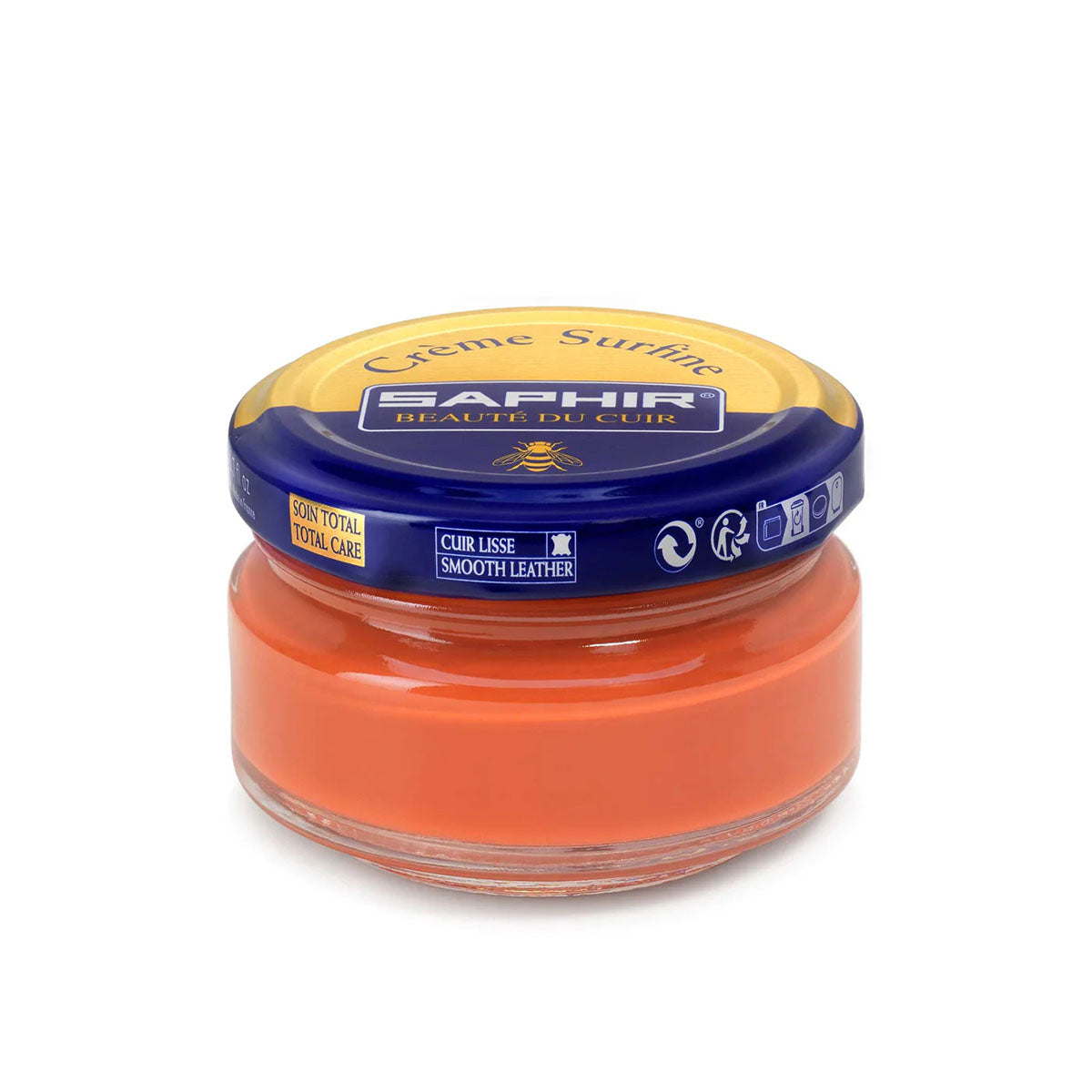 A jar of Saphir Creme Surfine shoe polish with a label on the lid.