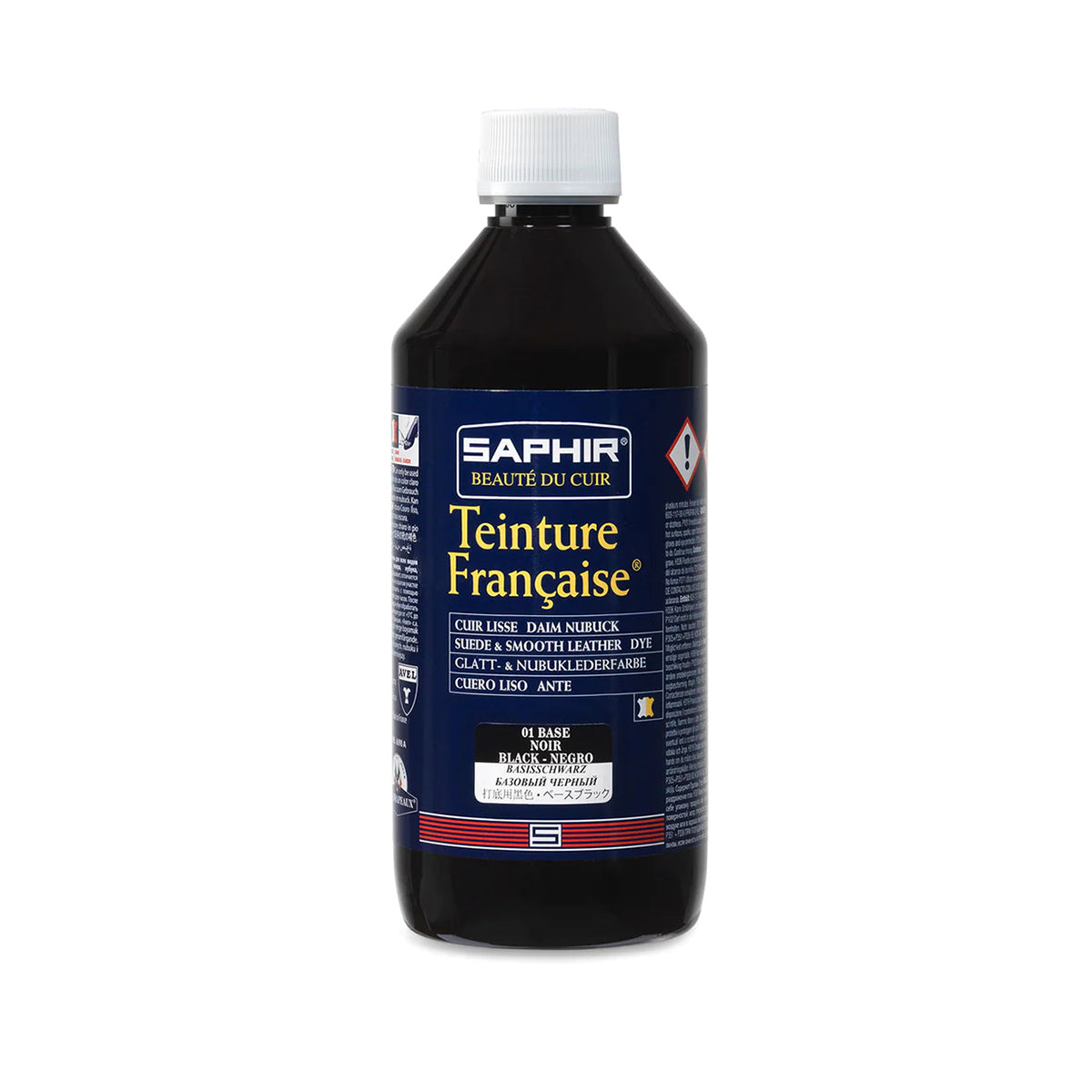 A product image featuring a box and bottle of Saphir Teinture Francaise dye for leather, with a color swatch and branding visible.