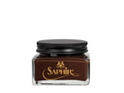 A glass jar with a black lid labeled 'SAPHIR' containing cream shoe polish.