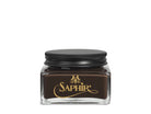 A glass jar with a black lid labeled 'SAPHIR' containing cream shoe polish.