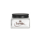 A glass jar with a black lid labeled 'SAPHIR' containing cream shoe polish.