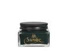 A glass jar with a black lid labeled 'SAPHIR' containing cream shoe polish.