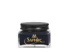 A glass jar with a black lid labeled 'SAPHIR' containing cream shoe polish.