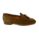 A brown suede tassel Berwick 1707 Belgian loafer with a combination leather and fine rubber sole.