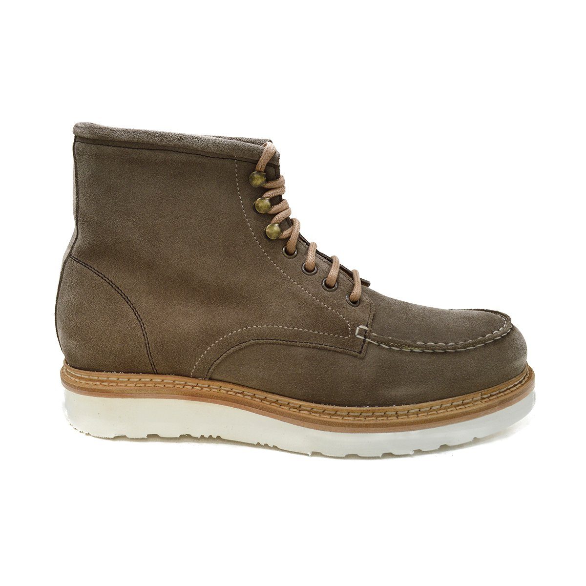 A grey and tan suede apron boot with lace-up closure, featuring a white sole and a natural welt.