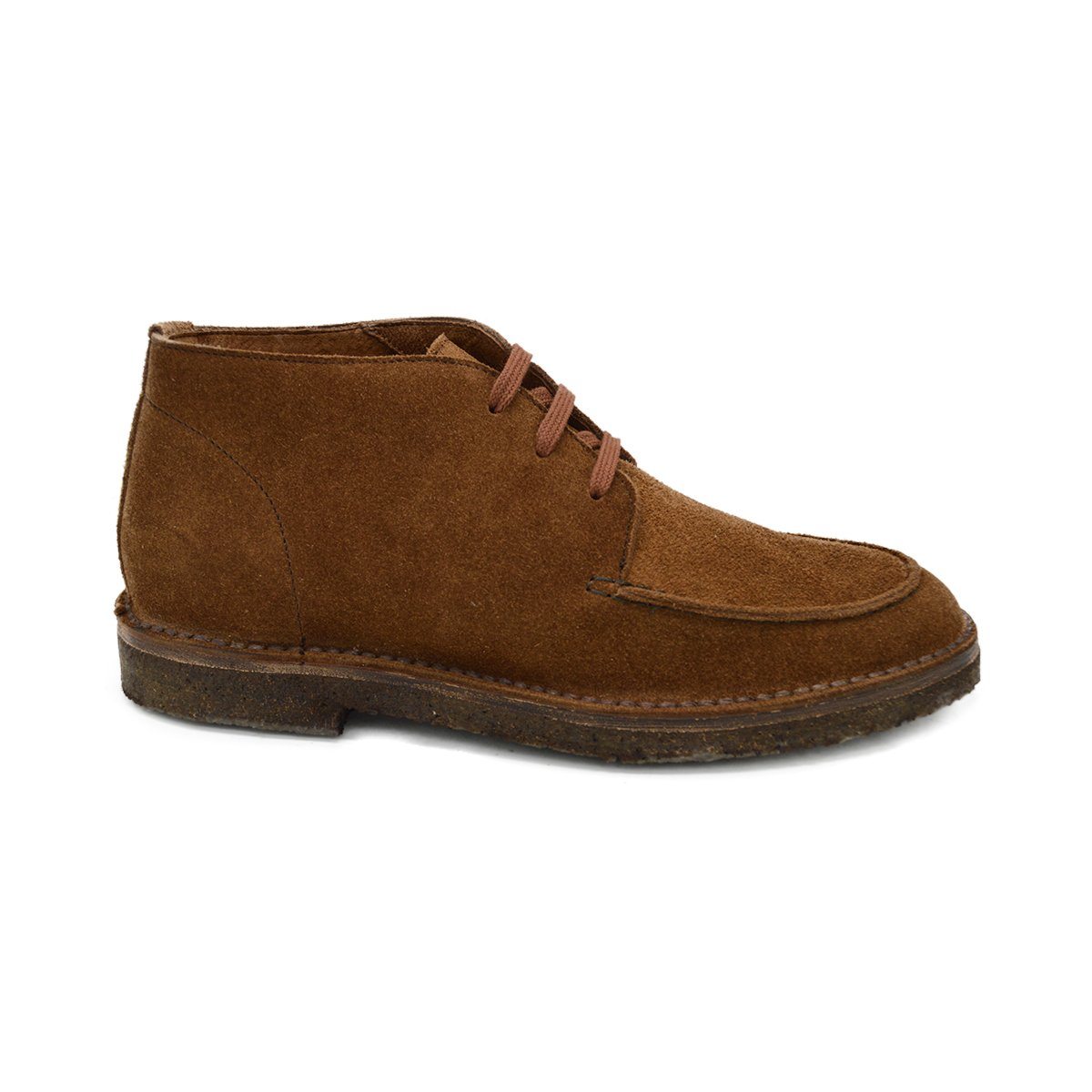 A brown Berwick 1707 5432 Apron Boot with lace-up closure, handcrafted from reverse kudu suede, featuring moccasin stitching and a crepe rubber sole.
