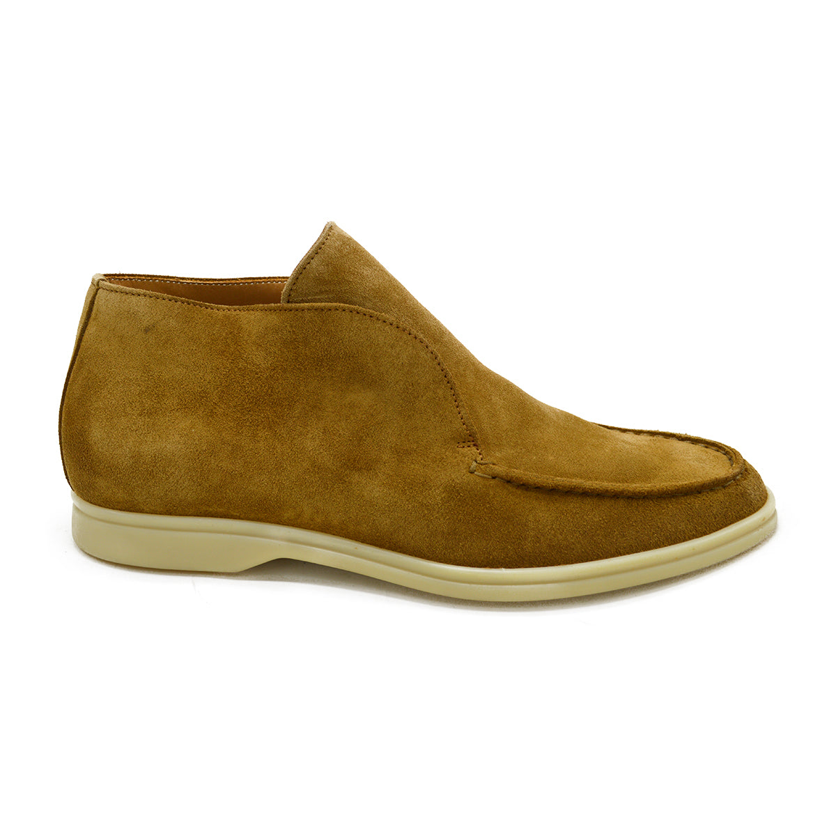 A brown ankle boot made of reverse kudu suede, featuring a low heel and a smooth texture.