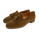 A brown suede tassel Berwick 1707 Belgian loafer with a combination leather and fine rubber sole.