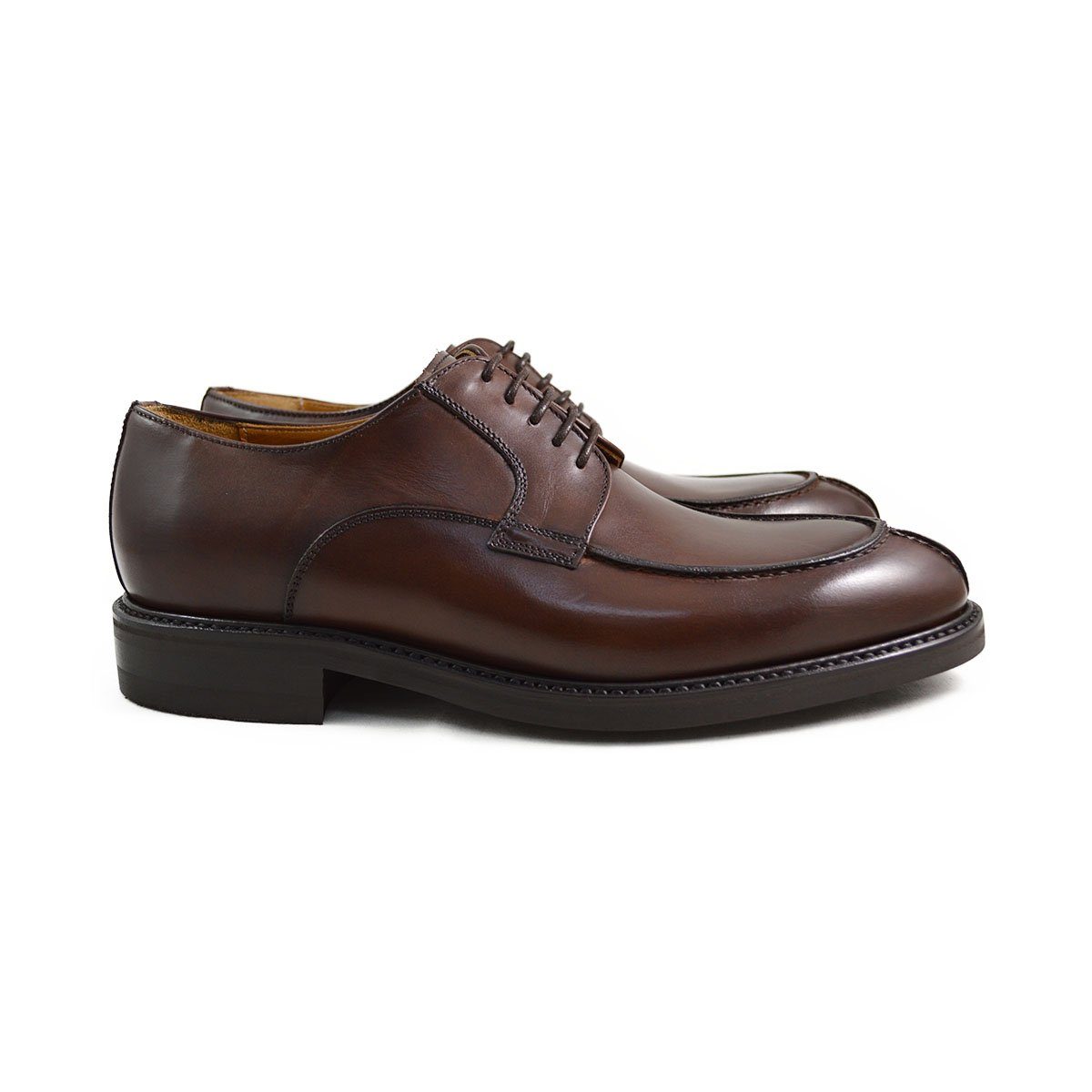 A pair of dark brown Berwick 1707 Split Toe Derby shoes with laces, set against a white background.