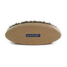 An oval shoe shine brush with horsehair bristles, with natural brown bristles, wooden handle, on a white background.