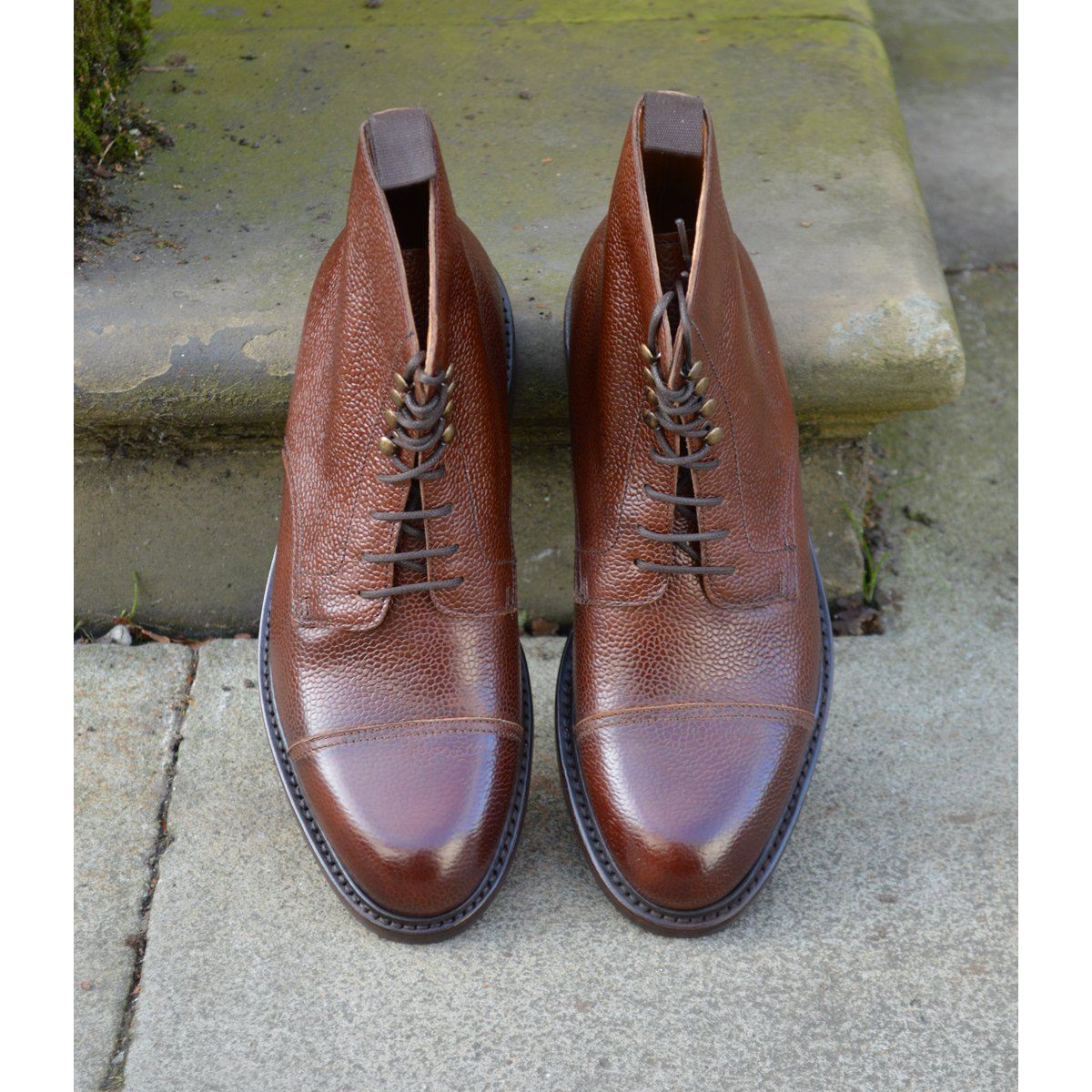 A Berwick 1707 dark brown, premium grain leather lace-up boot with a cap toe and a low heel & Dainite Sole