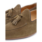 A brown suede tassel Berwick 1707 Belgian loafer with a combination leather and fine rubber sole.