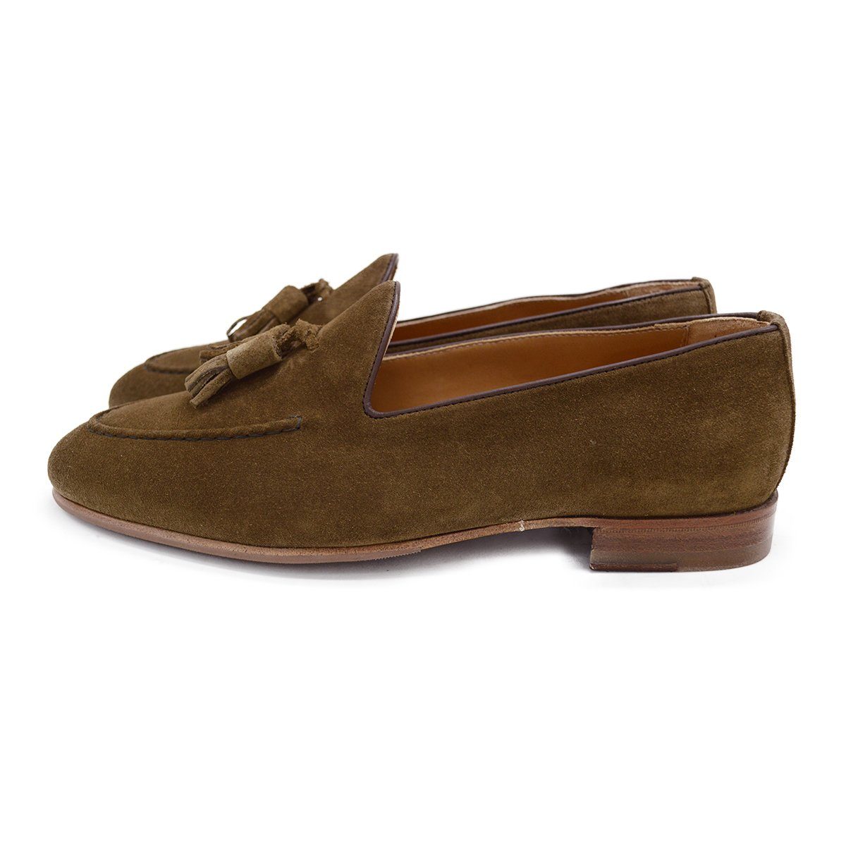 A brown suede tassel Berwick 1707 Belgian loafer with a combination leather and fine rubber sole.