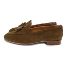 A brown suede tassel Berwick 1707 Belgian loafer with a combination leather and fine rubber sole.