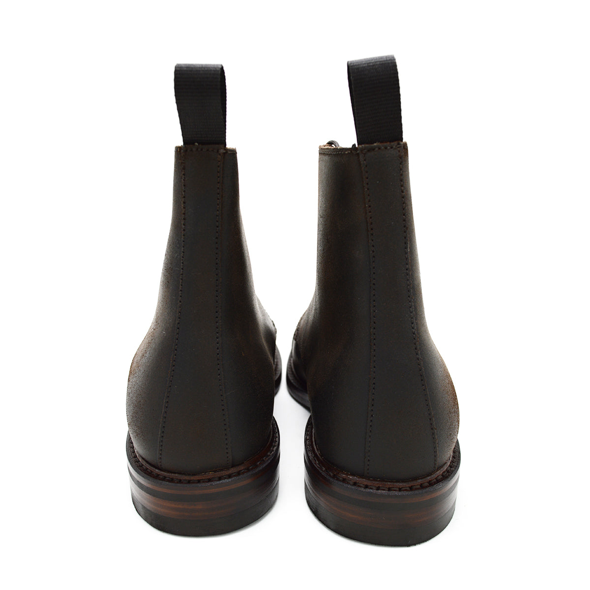 A Berwick 1707 dark brown, waxed roughout suede classic country toe cap derby boot with Dainite rubber sole and lace-up closure.