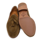 A brown suede tassel Berwick 1707 Belgian loafer with a combination leather and fine rubber sole.