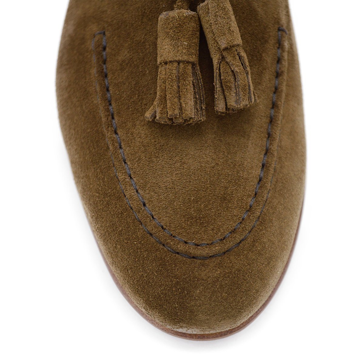 A brown suede tassel Berwick 1707 Belgian loafer with a combination leather and fine rubber sole.