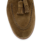 A brown suede tassel Berwick 1707 Belgian loafer with a combination leather and fine rubber sole.