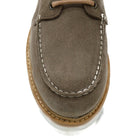 A grey and tan suede apron boot with lace-up closure, featuring a white sole and a natural welt.