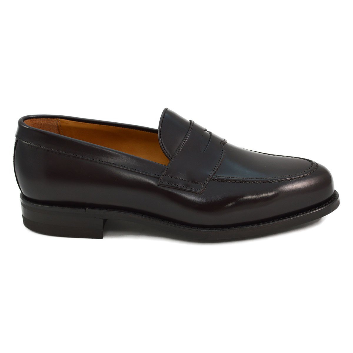 A dark brown Berwick 1707 Penny Loafer with a high-shine finish and a Dainite rubber sole.
