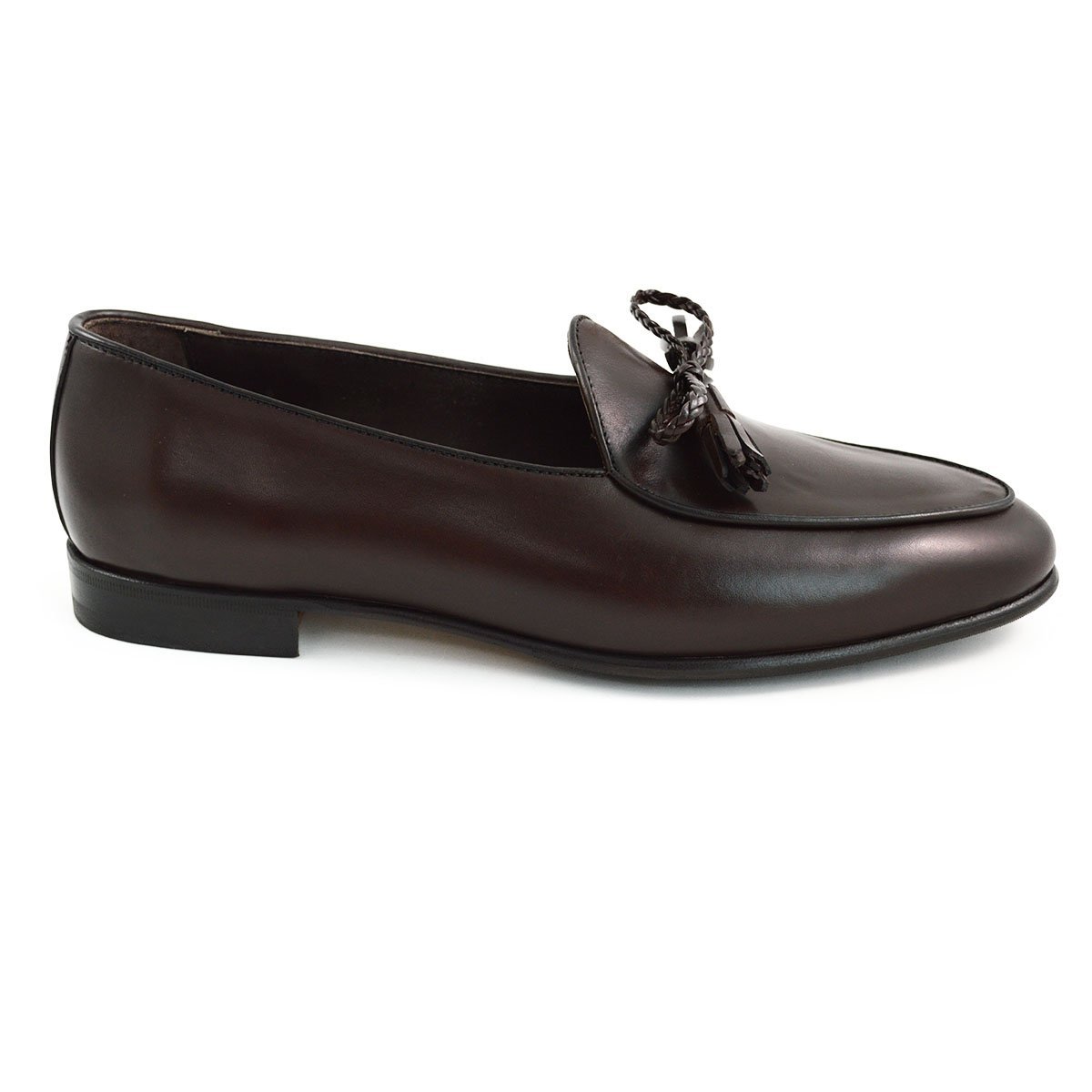 A Berwick 1 707 dark brown leather Belgian loafer with a braided leather bow tie and tassel adornment.