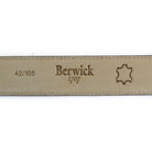 A brown suede leather belt with a silver chrome buckle, displayed on a white background.