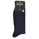 A pair of navy ribbed socks with the Berwick 1707 brand tag visible.