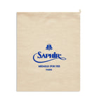 A beige cotton shoe bag with the Saphir Medaille d'Or logo printed in blue.