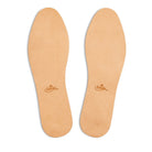 A pair of beige Saphir Medaille D'Or leather insoles with the brand's logo embossed at the heel.