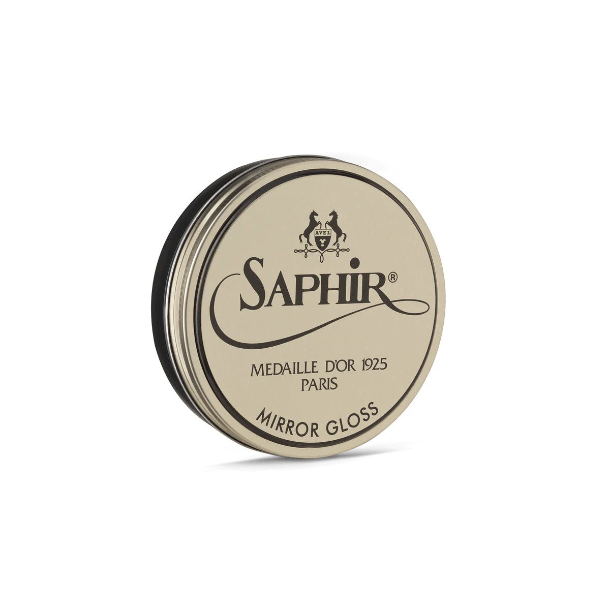 A tin of Saphir Medaille D'Or Mirror Gloss Wax Polish with the brand's logo and product name displayed on the lid.