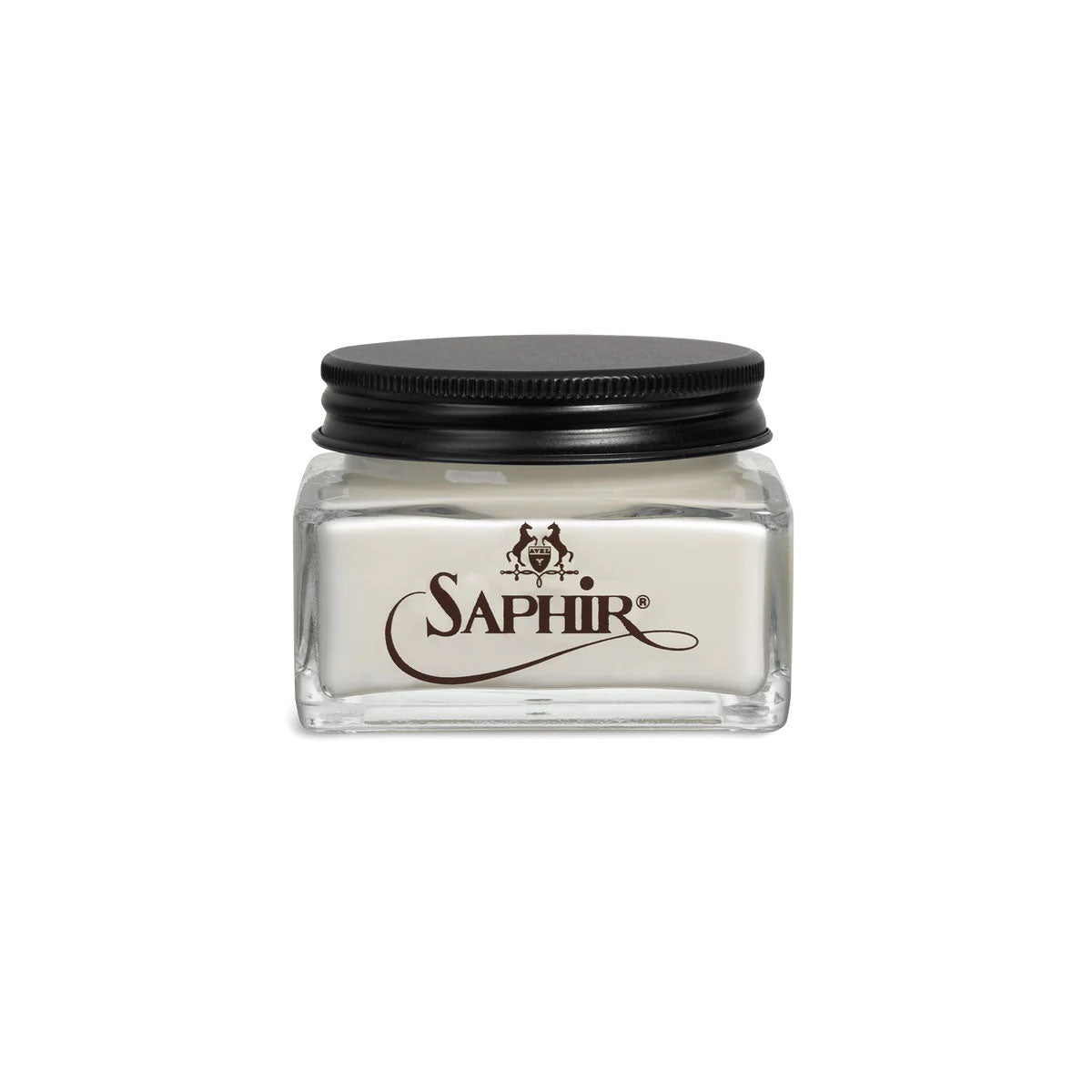 A glass jar with a black lid labeled 'SAPHIR' containing Renovator cream for leather care.