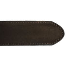A brown suede leather belt with a silver chrome buckle, displayed on a white background.